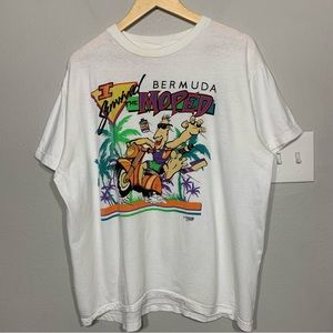Vintage 90s Bermuda Moped Cartoon Funny White Tee XL Travel‎ Destination
